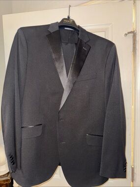 Kenneth Cole Black Men's Satin Lapel Tuxedo Blazer - Classic Formal Jacket/Pants